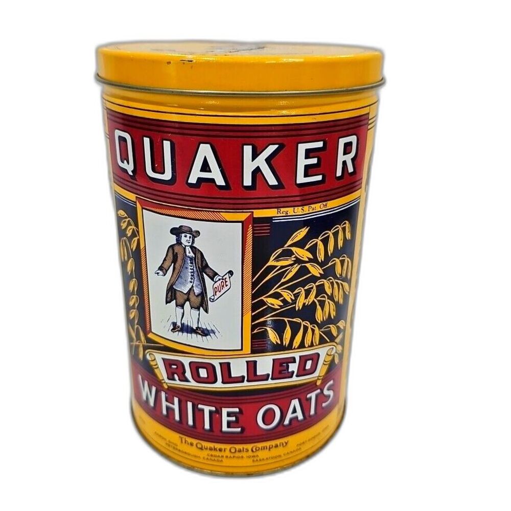 Vintage Quaker Rolled White Oats Metal Tin Can Empty 1993 replica of 1896 label
